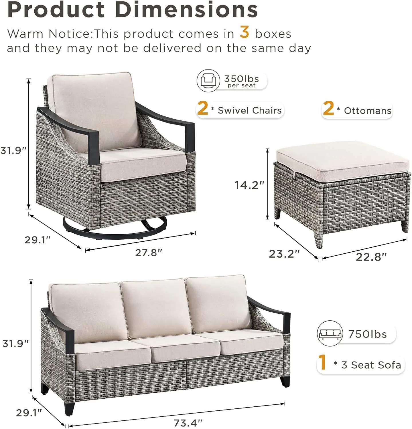 Outdoor Patio Furniture Set - 5 Pieces Outdoor Wicker High Back Sofa with Comfy Cushions Ottomans and Rattan Patio Swivel Glider Chairs, All Weather Conversation Set, Grey/Beige