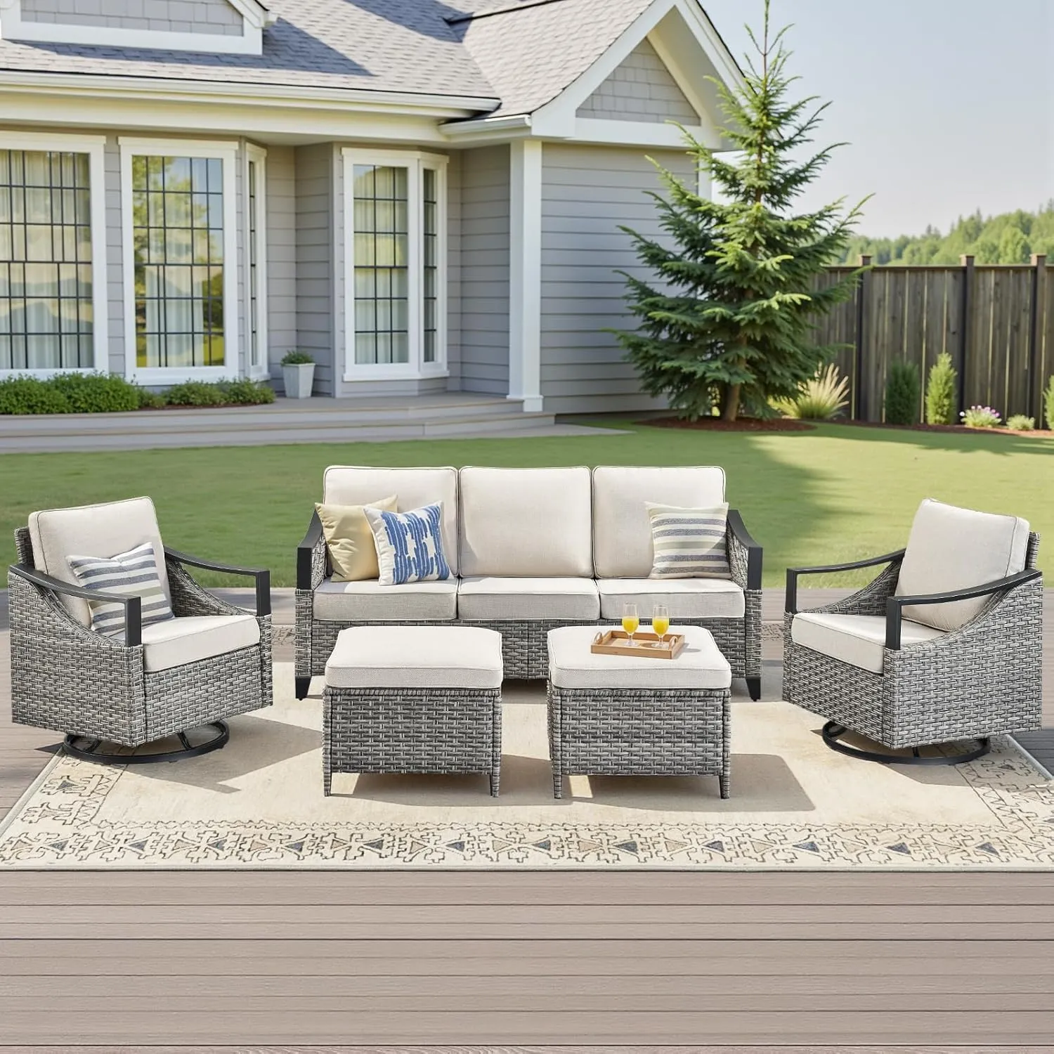 Outdoor Patio Furniture Set - 5 Pieces Outdoor Wicker High Back Sofa with Comfy Cushions Ottomans and Rattan Patio Swivel Glider Chairs, All Weather Conversation Set, Grey/Beige