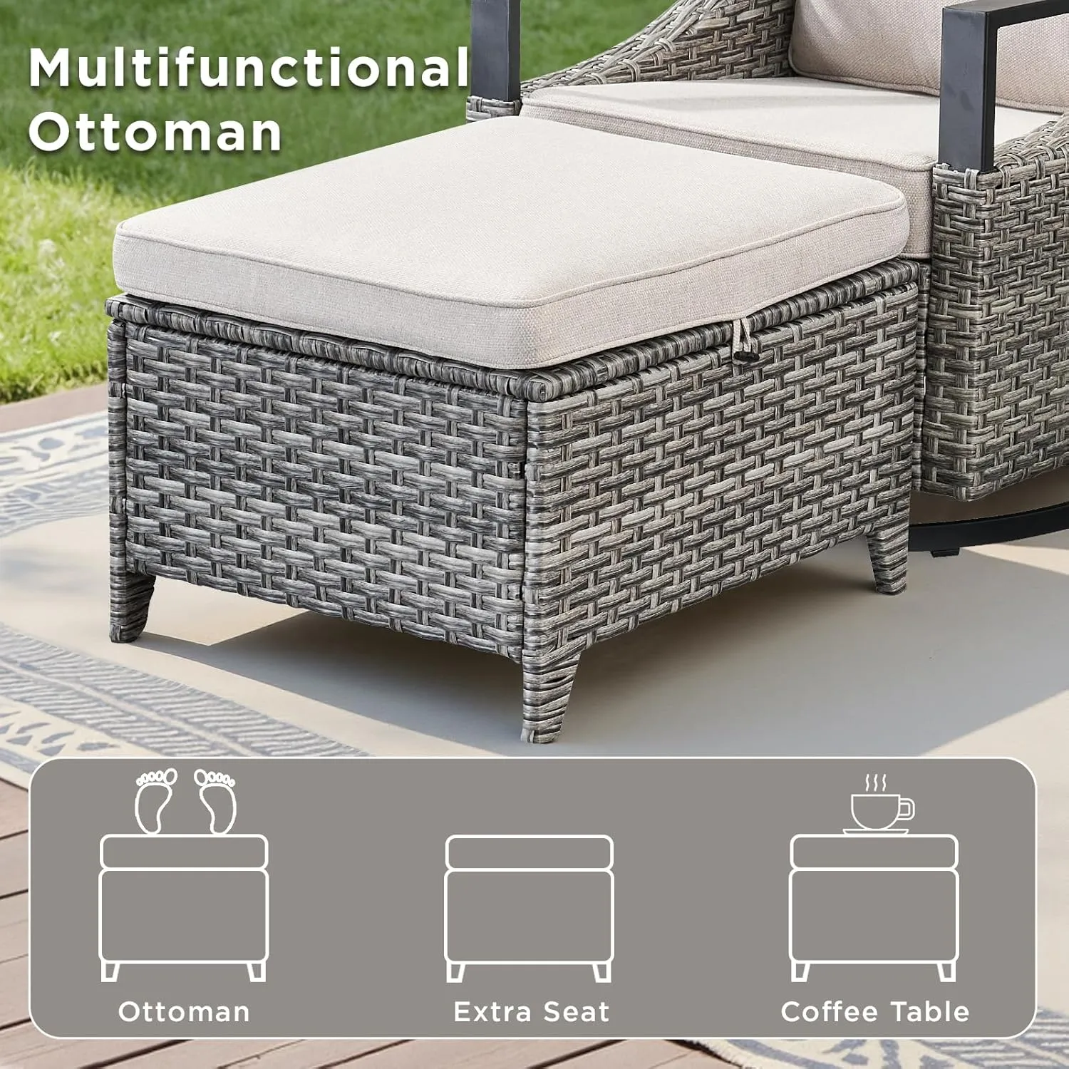 Outdoor Patio Furniture Set - 5 Pieces Outdoor Wicker High Back Sofa with Comfy Cushions Ottomans and Rattan Patio Swivel Glider Chairs, All Weather Conversation Set, Grey/Beige