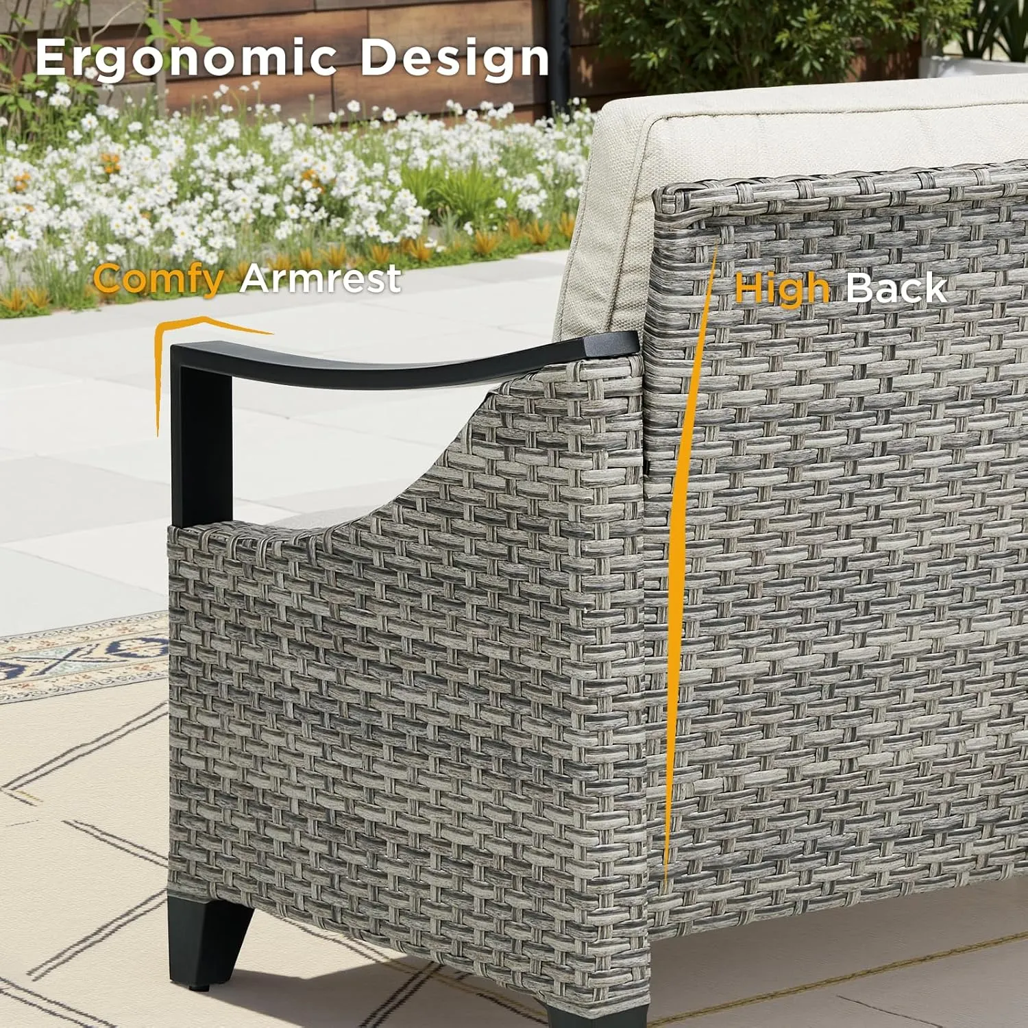 Outdoor Patio Furniture Set - 5 Pieces Outdoor Wicker High Back Sofa with Comfy Cushions Ottomans and Rattan Patio Swivel Glider Chairs, All Weather Conversation Set, Grey/Beige