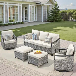 Outdoor Patio Furniture Set - 5 Pieces Outdoor Wicker High Back Sofa with Comfy Cushions Ottomans and Rattan Patio Swivel Glider Chairs, All Weather Conversation Set, Grey/Beige