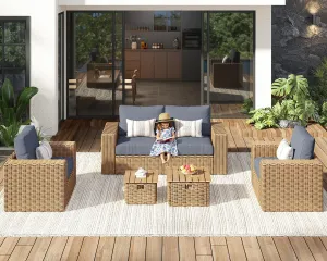 Outdoor Patio Furniture Set with 8.3" Wide Armrest 5.9" Thick Cushions, 5 Pieces Outdoor Wicker Rattan Conversation Set with Ottomans/Coffee Tables for Garden, Poolside, Backyard Deck, Grey