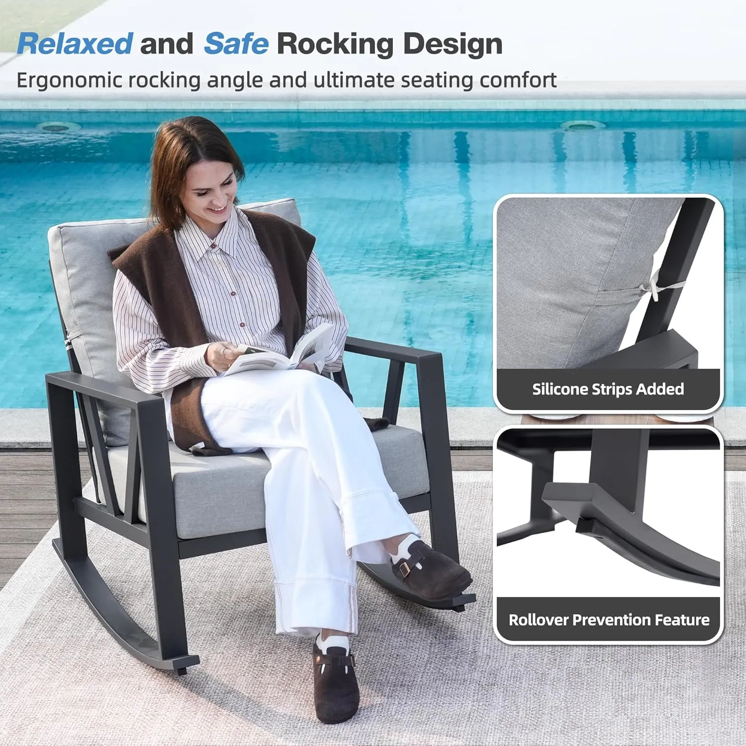 Outdoor Patio Rocking Chairs Set of 2, 3 Pieces Patio Porch Furniture Set with 6” Thick Cushions, Outdoor Bistro Set with Coffee Table, Light Grey
