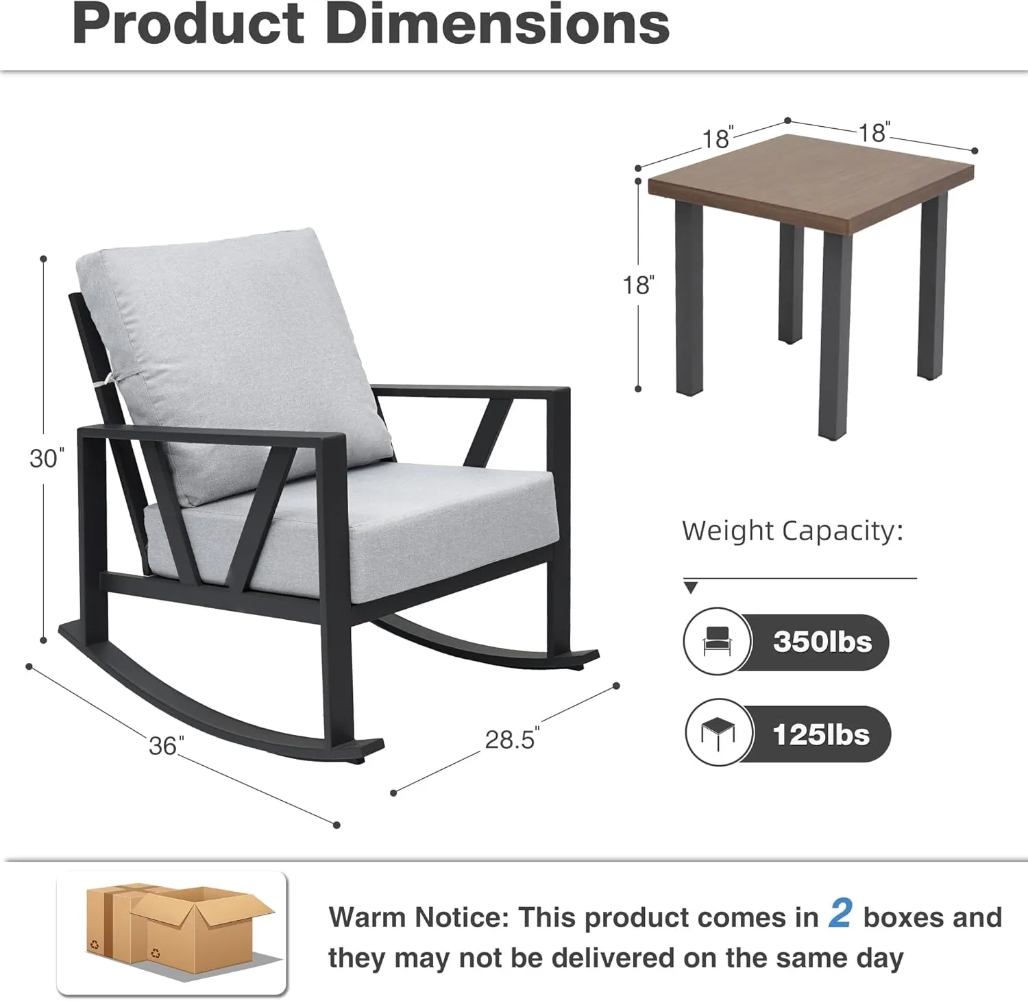 Outdoor Patio Rocking Chairs Set of 2, 3 Pieces Patio Porch Furniture Set with 6” Thick Cushions, Outdoor Bistro Set with Coffee Table, Light Grey