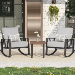 Outdoor Patio Rocking Chairs Set of 2, 3 Pieces Patio Porch Furniture Set with 6” Thick Cushions, Outdoor Bistro Set with Coffee Table, Light Grey