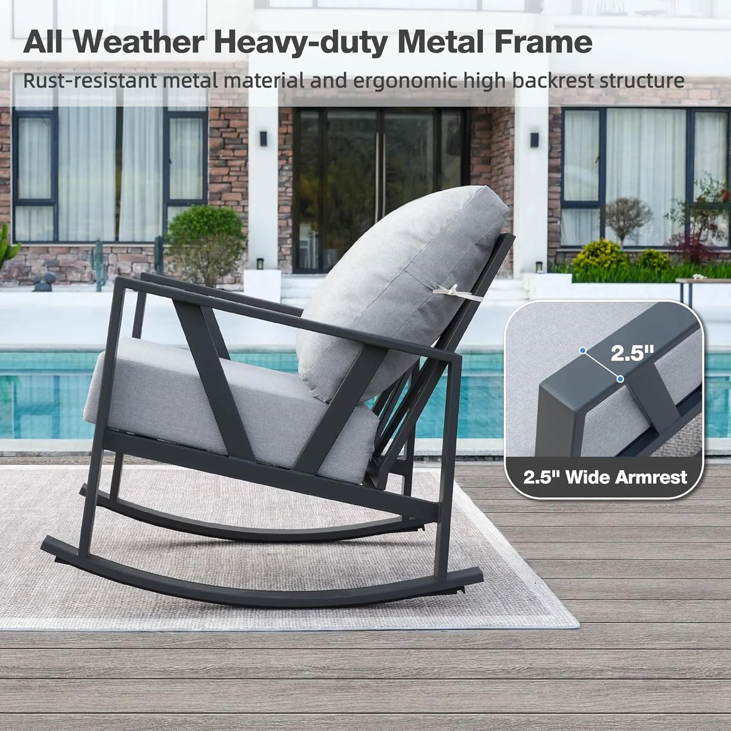Outdoor Patio Rocking Chairs Set of 2, 3 Pieces Patio Porch Furniture Set with 6” Thick Cushions, Outdoor Bistro Set with Coffee Table, Light Grey