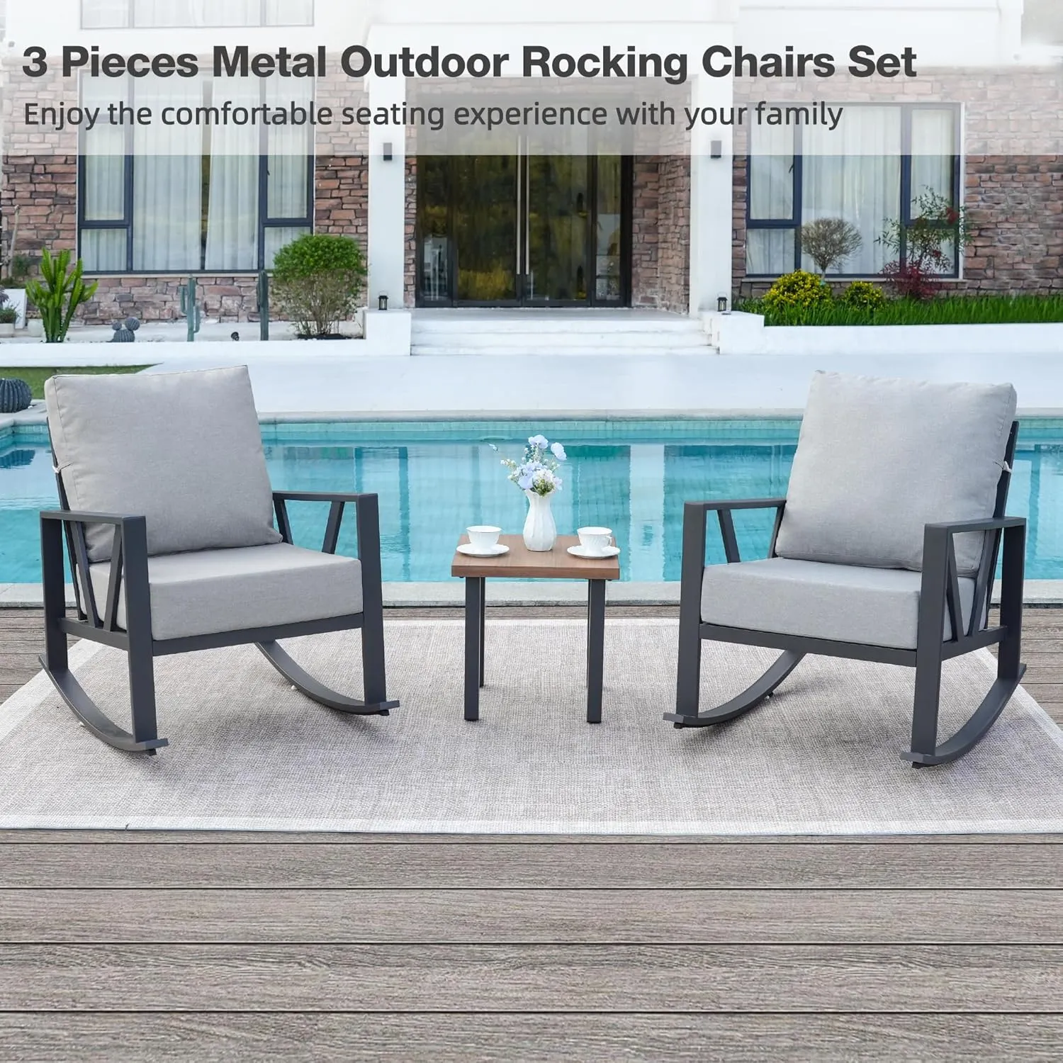 Outdoor Patio Rocking Chairs Set of 2, 3 Pieces Patio Porch Furniture Set with 6” Thick Cushions, Outdoor Bistro Set with Coffee Table, Light Grey