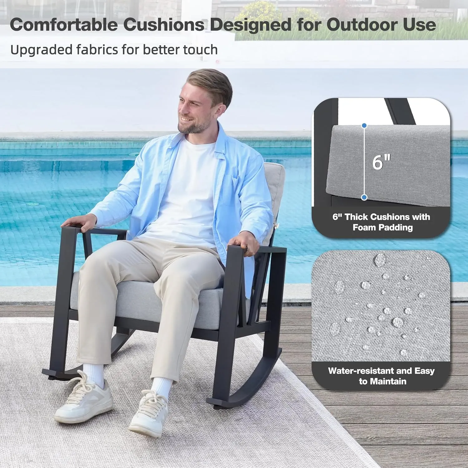 Outdoor Patio Rocking Chairs Set of 2, 3 Pieces Patio Porch Furniture Set with 6” Thick Cushions, Outdoor Bistro Set with Coffee Table, Light Grey