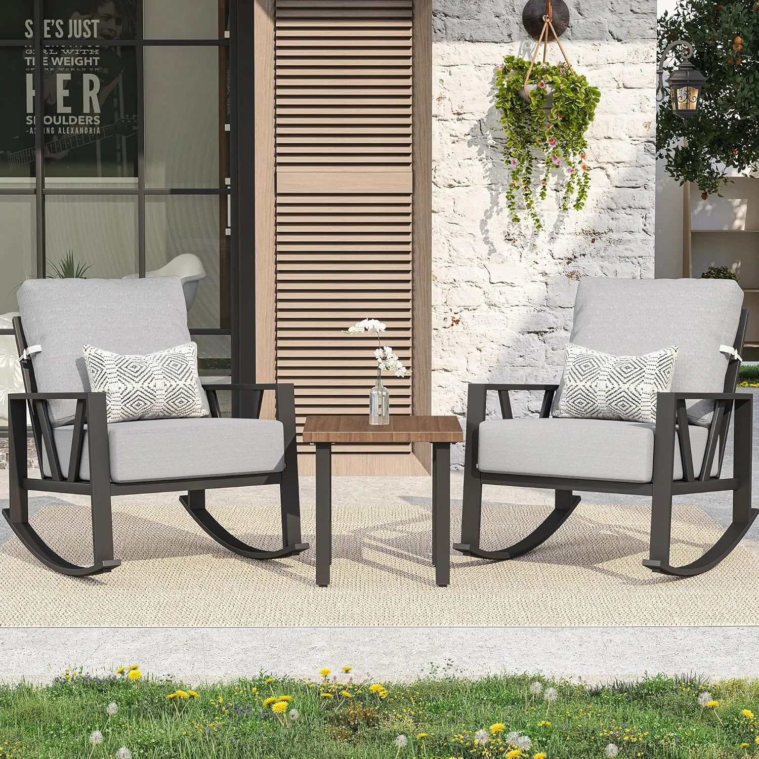 Outdoor Patio Rocking Chairs Set of 2, 3 Pieces Patio Porch Furniture Set with 6” Thick Cushions, Outdoor Bistro Set with Coffee Table, Light Grey