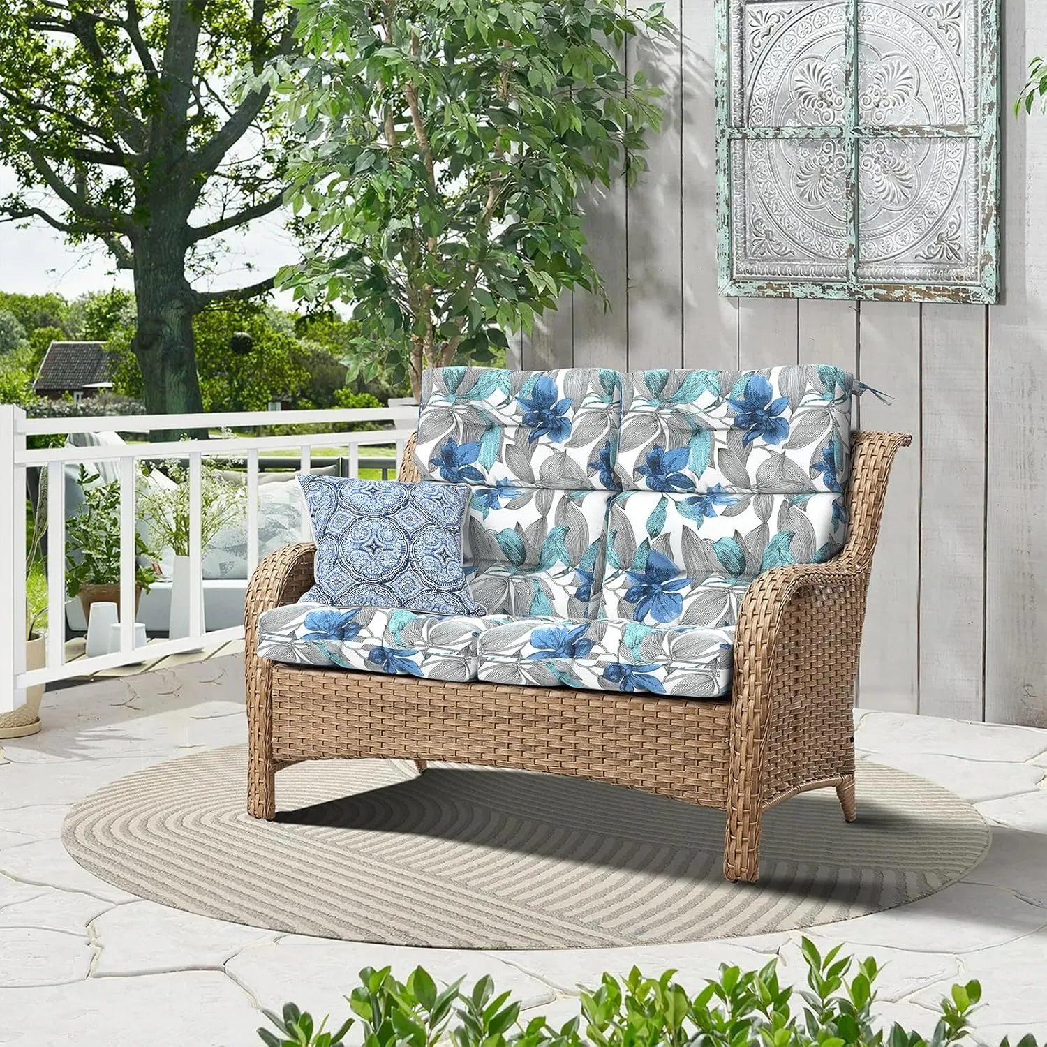 Outdoor Rocking Chair Cushions, Non-Skid Slip Backed Sun Lounger Chair Cushions, High Back Chair Cushion for Patio Chairs, 44"x22"x4", Set of 2, Clemens Noir Blue