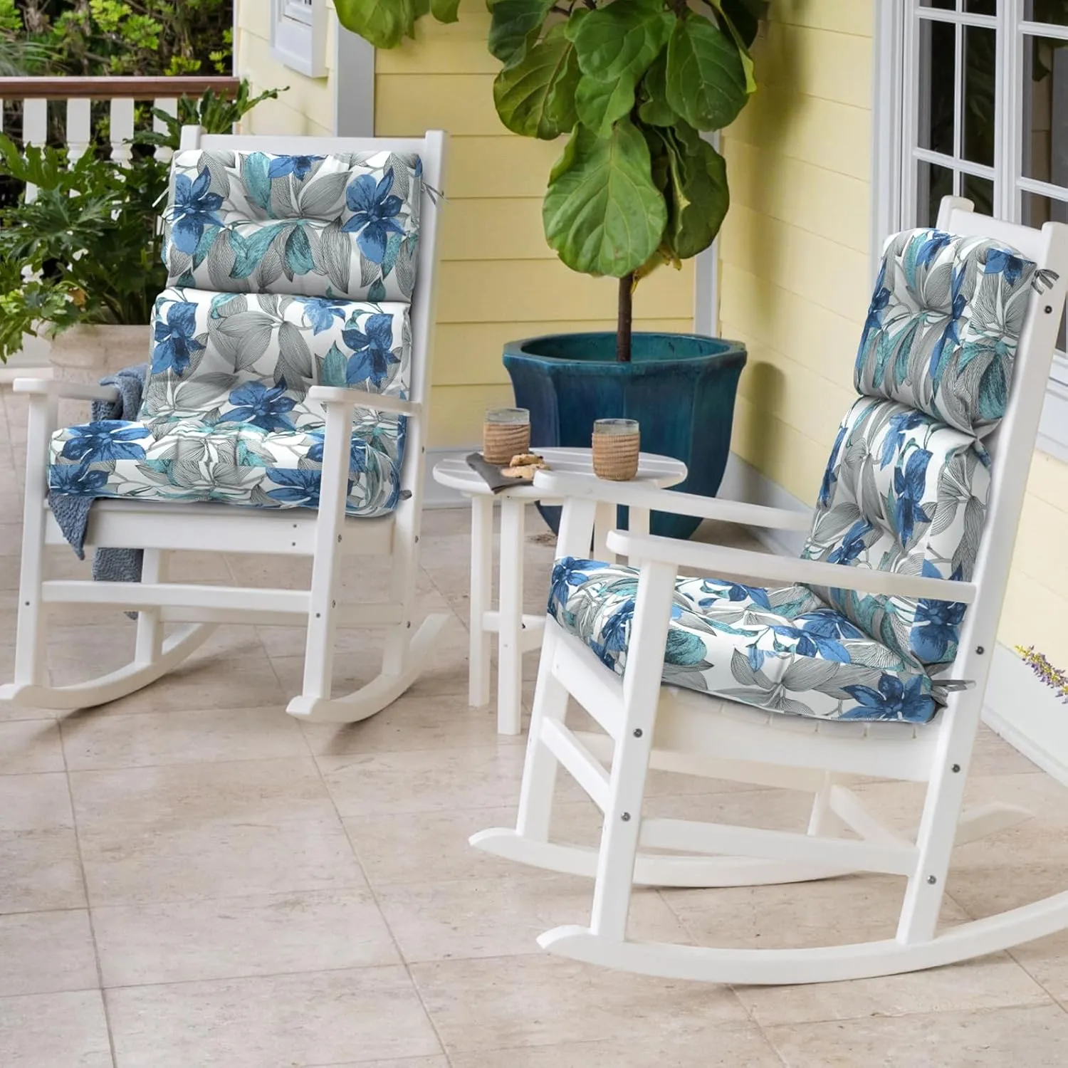 Outdoor Rocking Chair Cushions, Non-Skid Slip Backed Sun Lounger Chair Cushions, High Back Chair Cushion for Patio Chairs, 44"x22"x4", Set of 2, Clemens Noir Blue