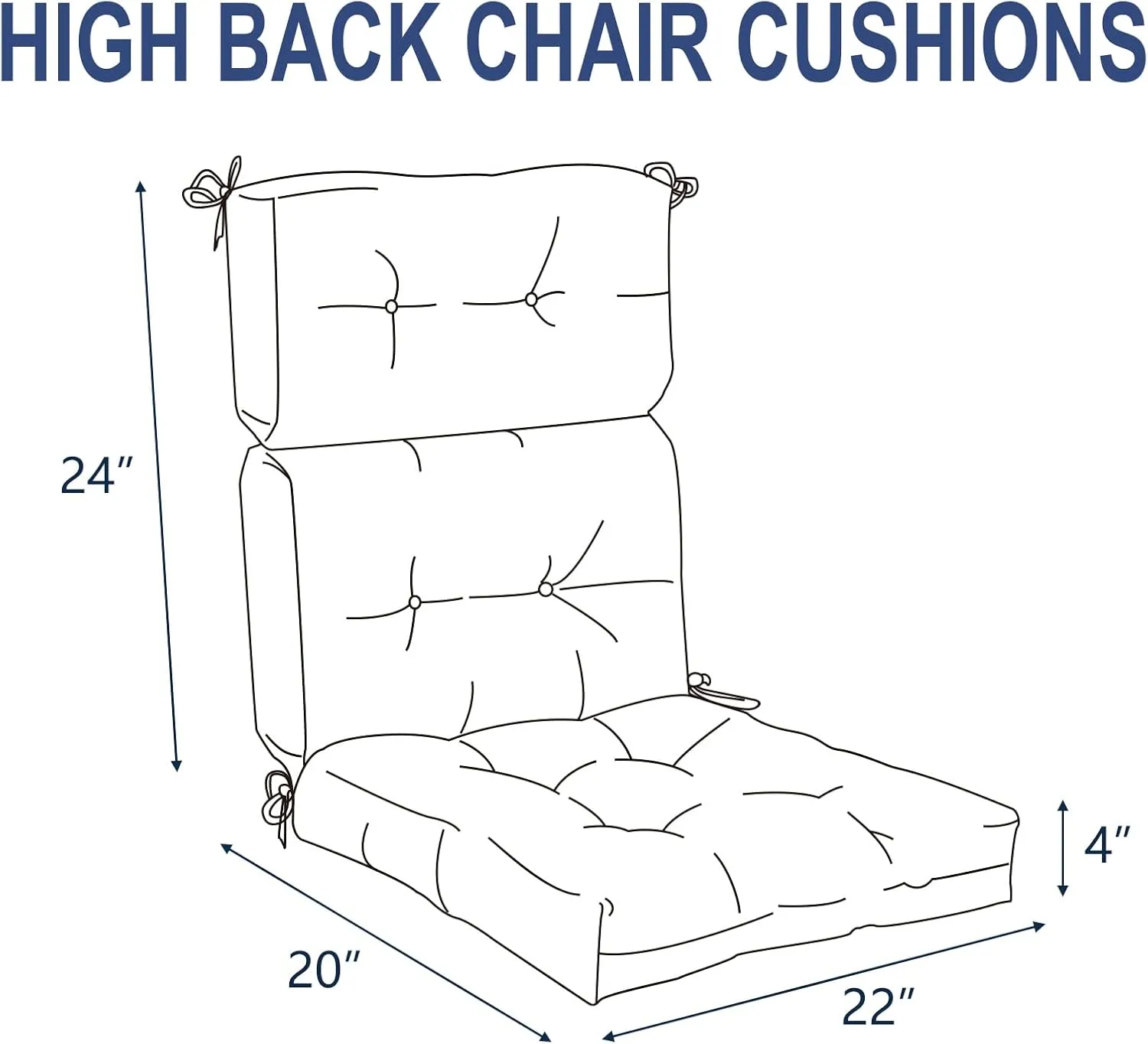 Outdoor Rocking Chair Cushions, Non-Skid Slip Backed Sun Lounger Chair Cushions, High Back Chair Cushion for Patio Chairs, 44"x22"x4", Set of 2, Clemens Noir Blue