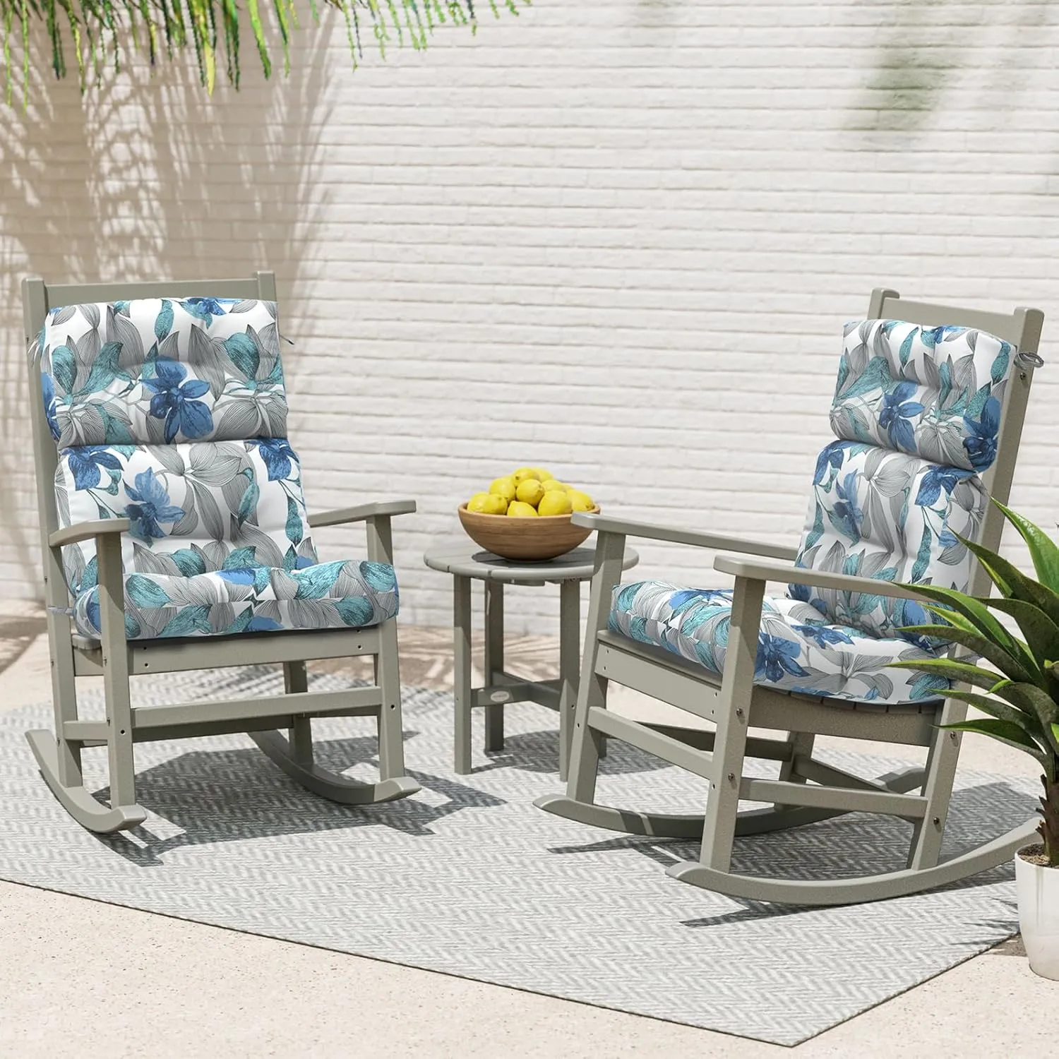 Outdoor Rocking Chair Cushions, Non-Skid Slip Backed Sun Lounger Chair Cushions, High Back Chair Cushion for Patio Chairs, 44"x22"x4", Set of 2, Clemens Noir Blue