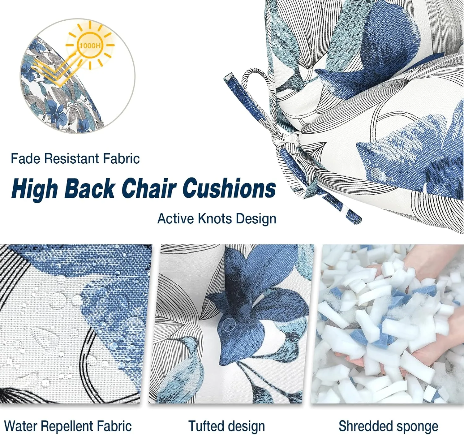 Outdoor Rocking Chair Cushions, Non-Skid Slip Backed Sun Lounger Chair Cushions, High Back Chair Cushion for Patio Chairs, 44"x22"x4", Set of 2, Clemens Noir Blue