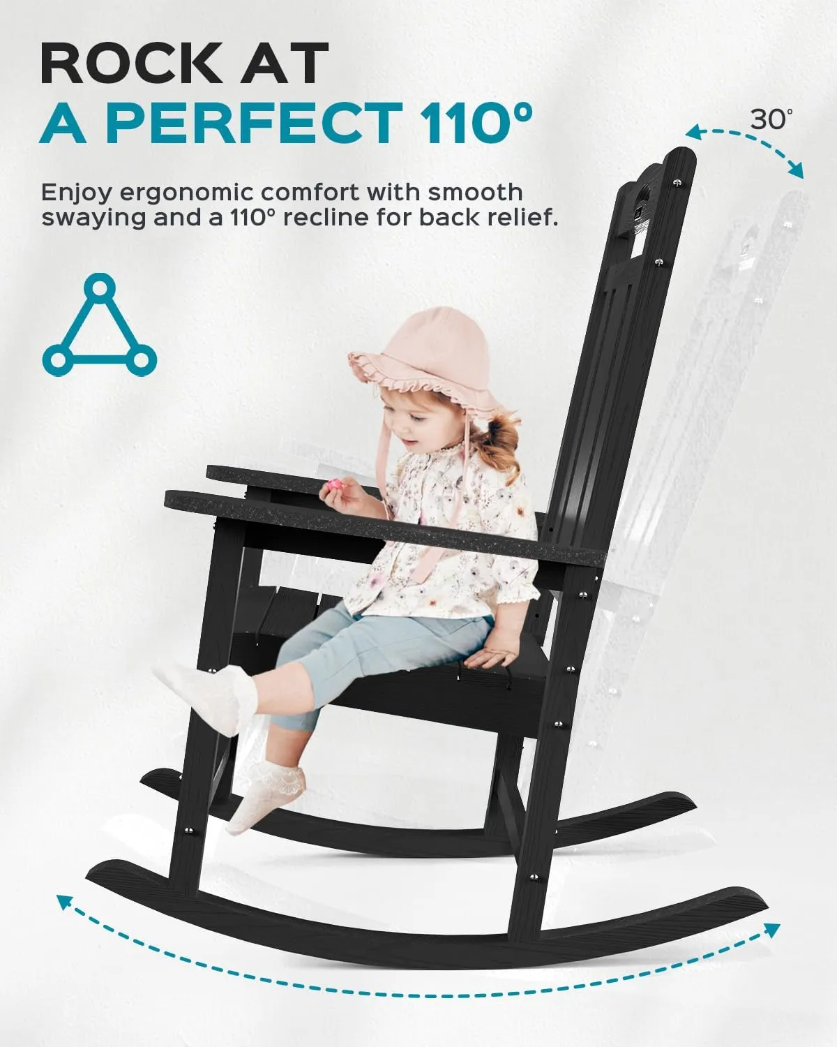Outdoor Rocking Chair Set of 2, All-Weather HDPEOversized Patio Rocking Chairs for Adults, 380lbs Weight Capacity, Ergonomic Design for Porch, Backyard, Balcony, Black