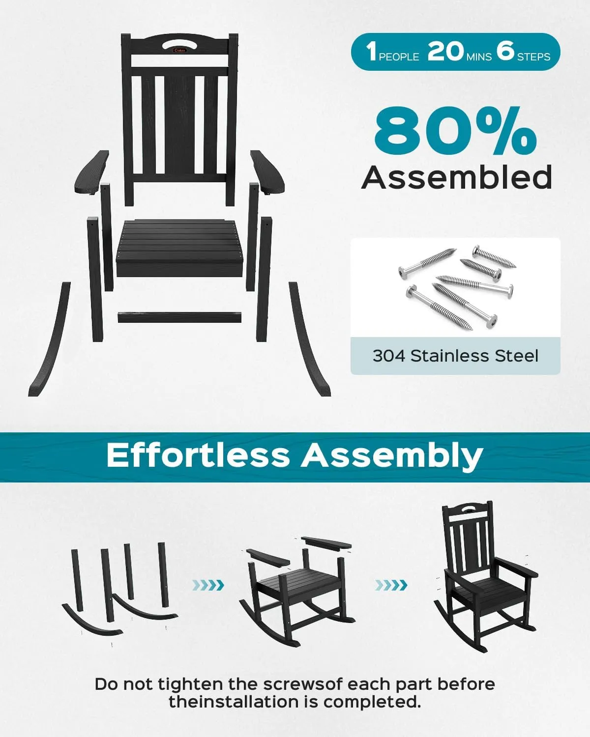 Outdoor Rocking Chair Set of 2, All-Weather HDPEOversized Patio Rocking Chairs for Adults, 380lbs Weight Capacity, Ergonomic Design for Porch, Backyard, Balcony, Black