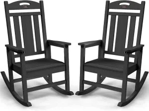 Outdoor Rocking Chair Set of 2, All-Weather HDPEOversized Patio Rocking Chairs for Adults, 380lbs Weight Capacity, Ergonomic Design for Porch, Backyard, Balcony, Black