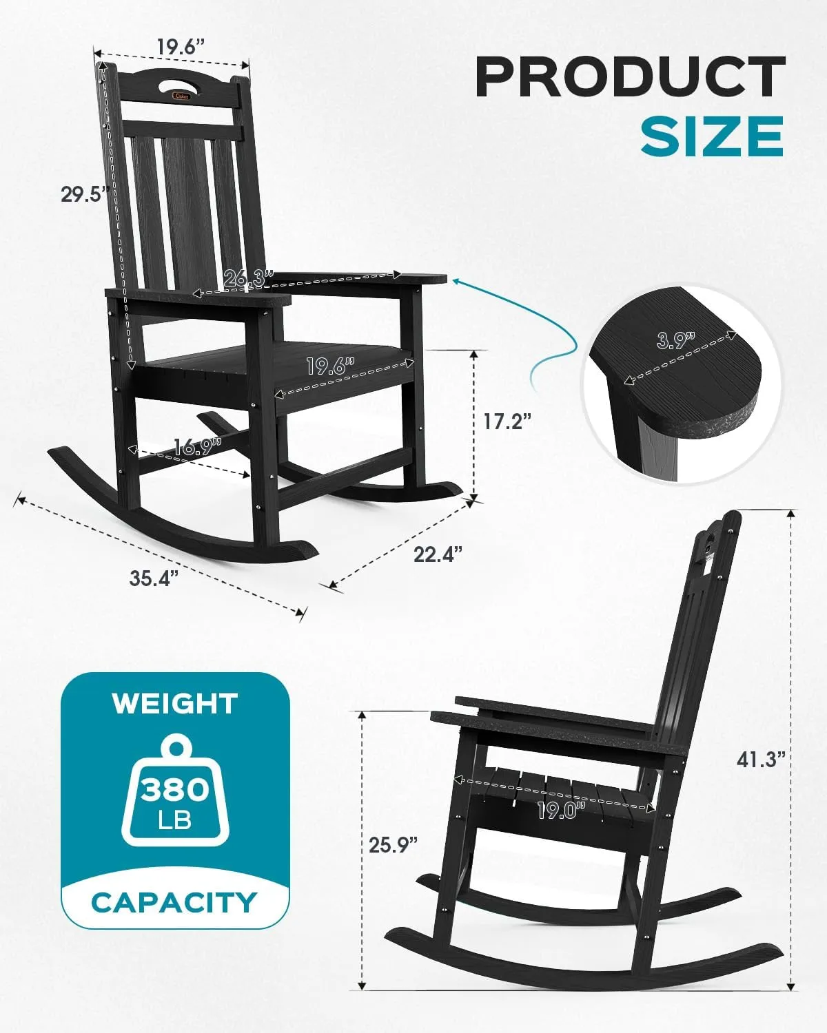 Outdoor Rocking Chair Set of 2, All-Weather HDPEOversized Patio Rocking Chairs for Adults, 380lbs Weight Capacity, Ergonomic Design for Porch, Backyard, Balcony, Black