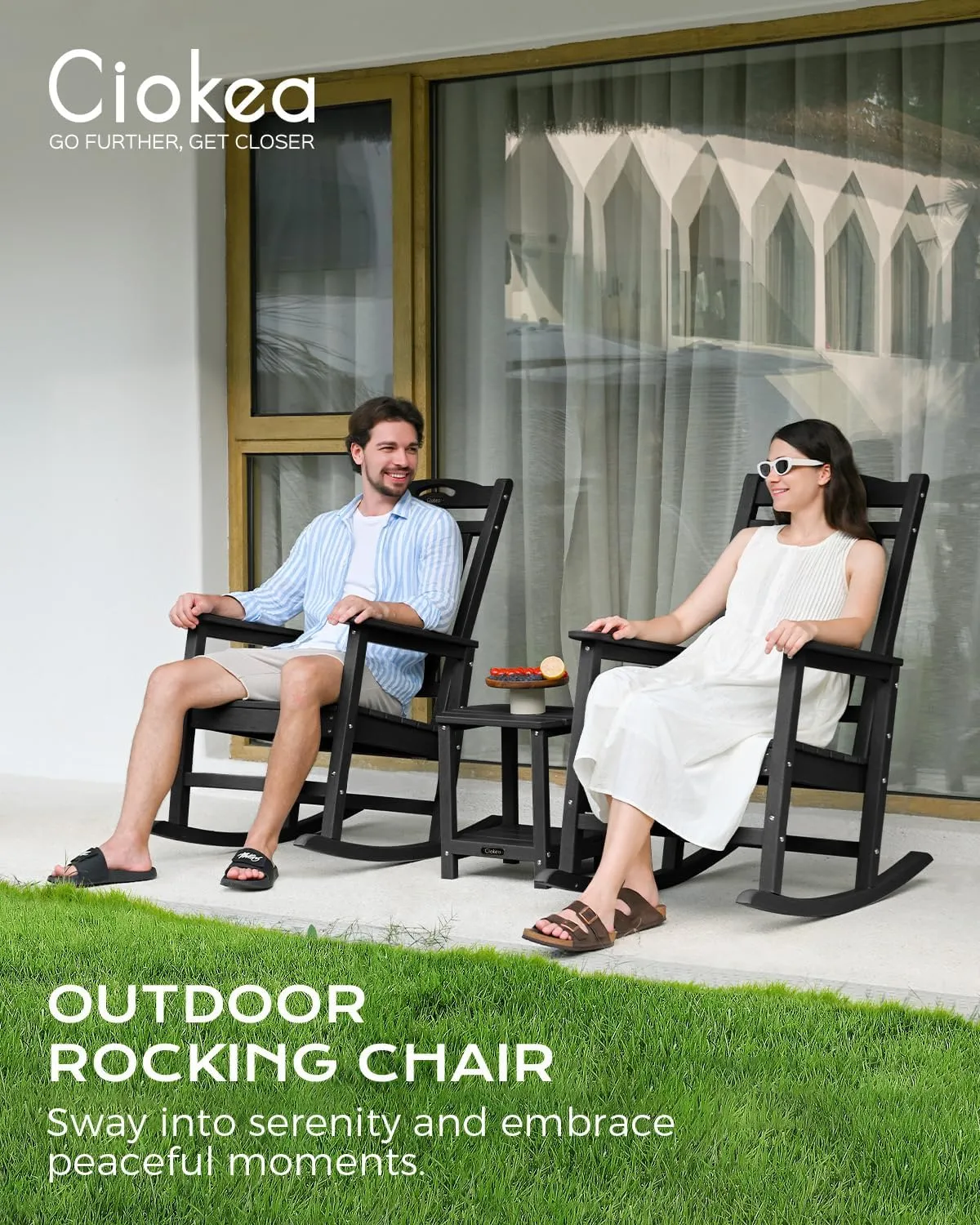 Outdoor Rocking Chair Set of 2, All-Weather HDPEOversized Patio Rocking Chairs for Adults, 380lbs Weight Capacity, Ergonomic Design for Porch, Backyard, Balcony, Black
