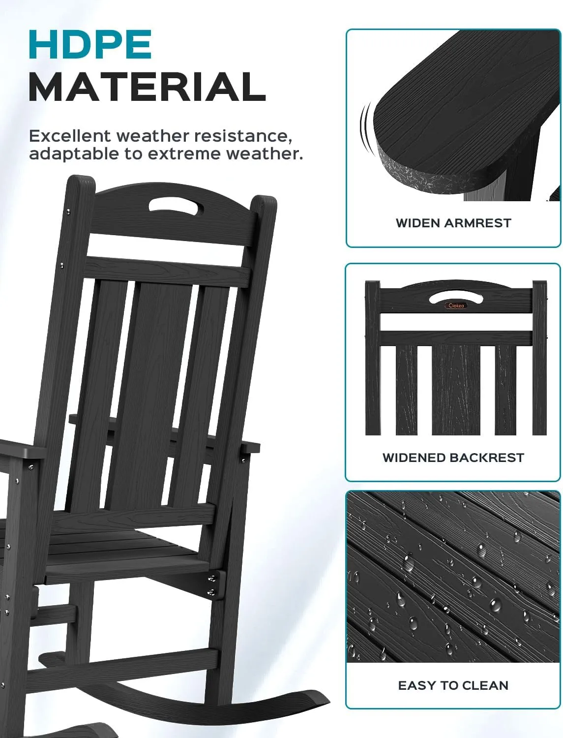 Outdoor Rocking Chair Set of 2, All-Weather HDPEOversized Patio Rocking Chairs for Adults, 380lbs Weight Capacity, Ergonomic Design for Porch, Backyard, Balcony, Black
