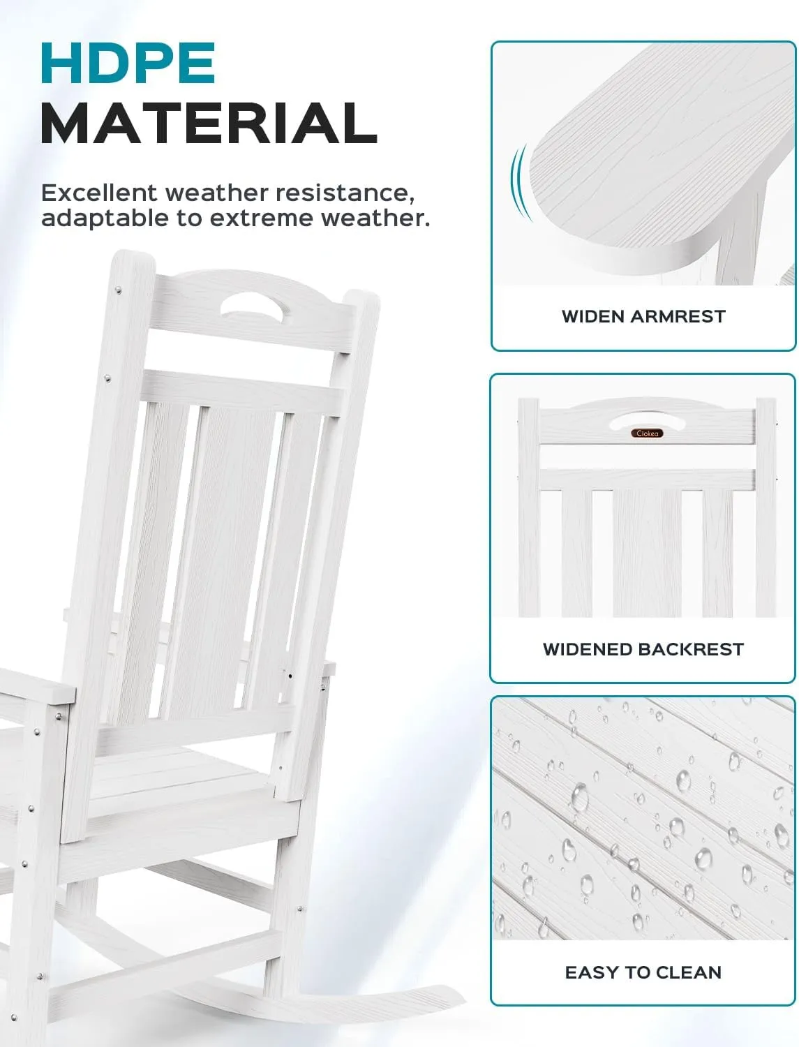 Outdoor Rocking Chair Set of 2, All-Weather HDPEOversized Patio Rocking Chairs for Adults, 380lbs Weight Capacity, Ergonomic Design for Porch, Backyard, Balcony, White