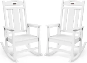 Outdoor Rocking Chair Set of 2, All-Weather HDPEOversized Patio Rocking Chairs for Adults, 380lbs Weight Capacity, Ergonomic Design for Porch, Backyard, Balcony, White