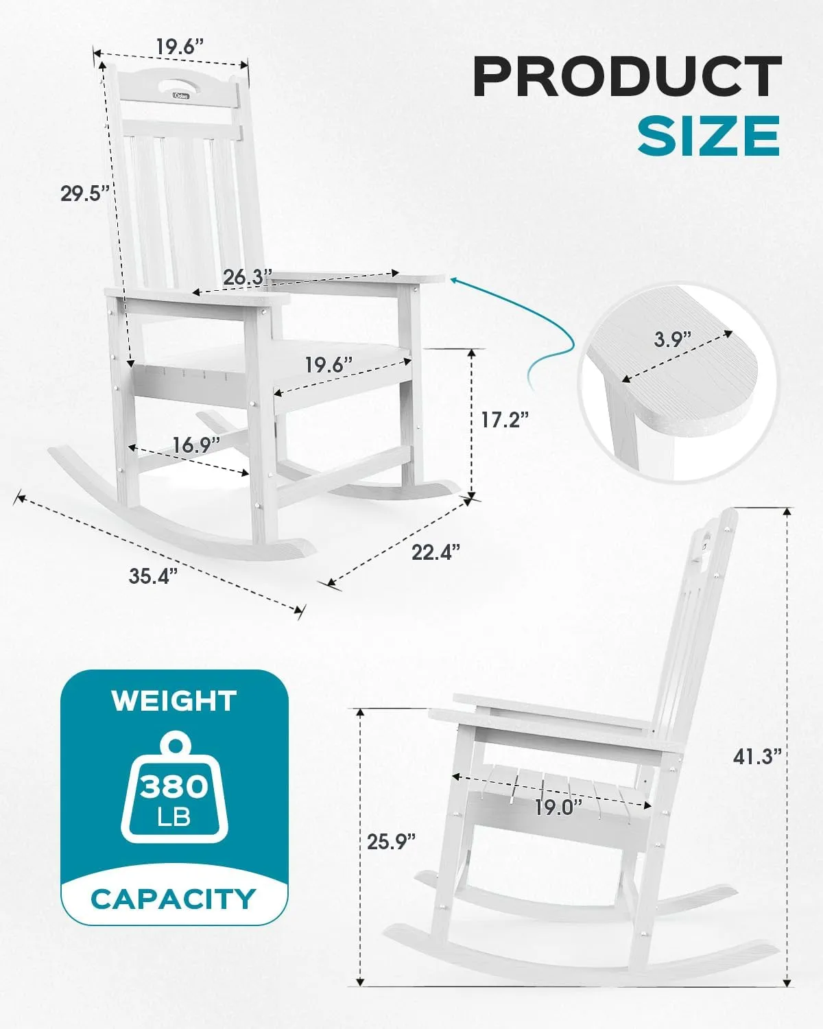 Outdoor Rocking Chair Set of 2, All-Weather HDPEOversized Patio Rocking Chairs for Adults, 380lbs Weight Capacity, Ergonomic Design for Porch, Backyard, Balcony, White