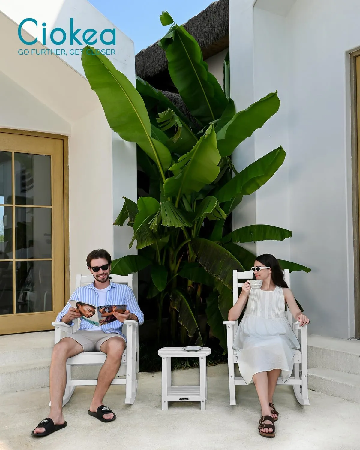 Outdoor Rocking Chair Set of 2, All-Weather HDPEOversized Patio Rocking Chairs for Adults, 380lbs Weight Capacity, Ergonomic Design for Porch, Backyard, Balcony, White