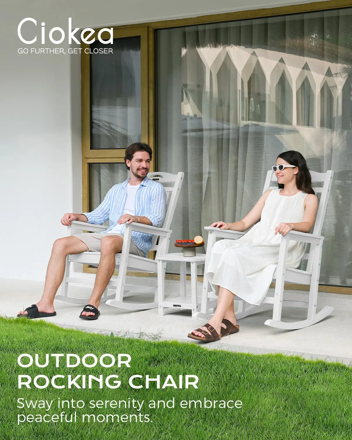 Outdoor Rocking Chair Set of 2, All-Weather HDPEOversized Patio Rocking Chairs for Adults, 380lbs Weight Capacity, Ergonomic Design for Porch, Backyard, Balcony, White