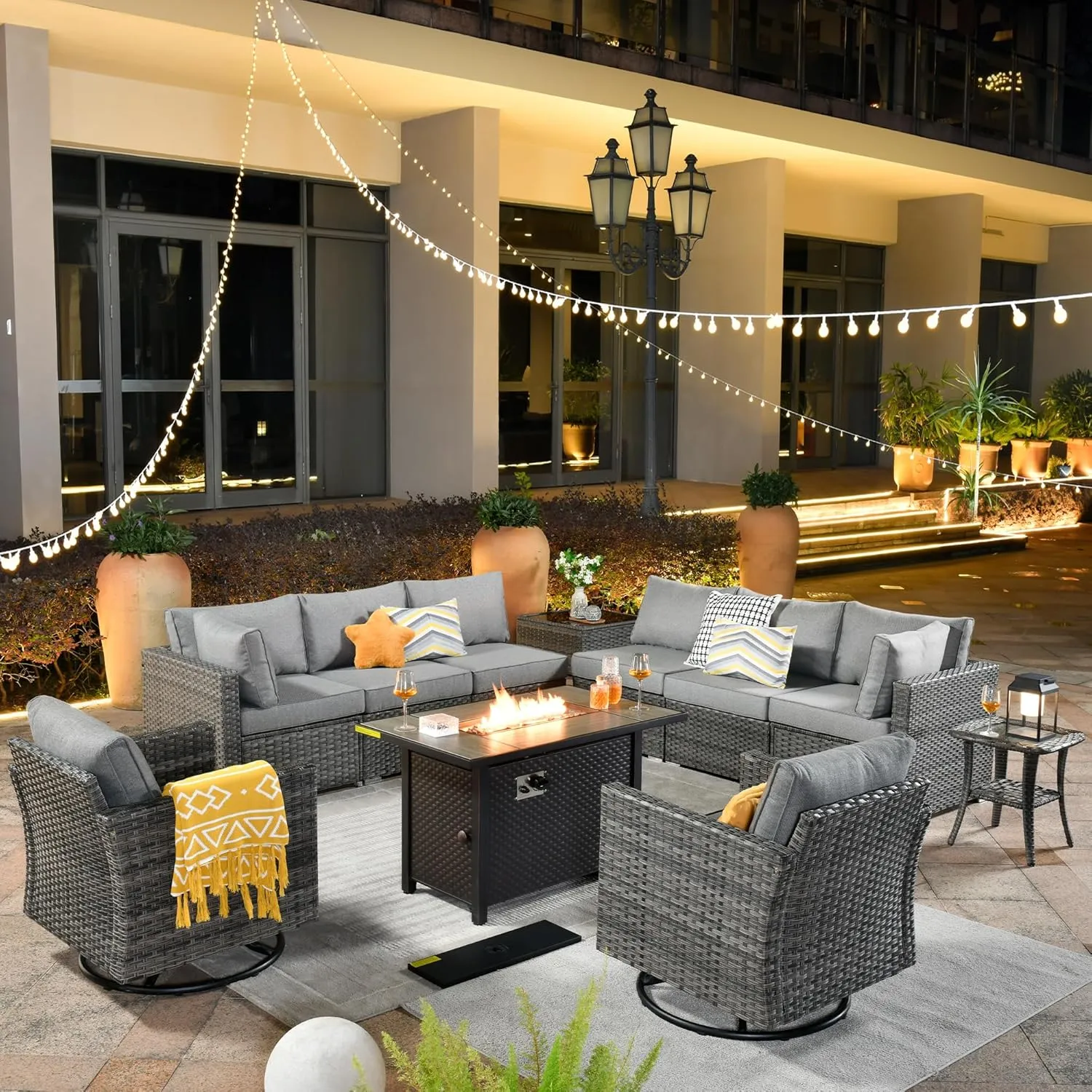 ovios 11 Piece Outdoor Patio Furniture Set with Fire Pit Table,Conversation Sectional Wicker Couch with Swivel Chairs,Modern Outside Sofa for Balcony Backyard (Dark Grey)