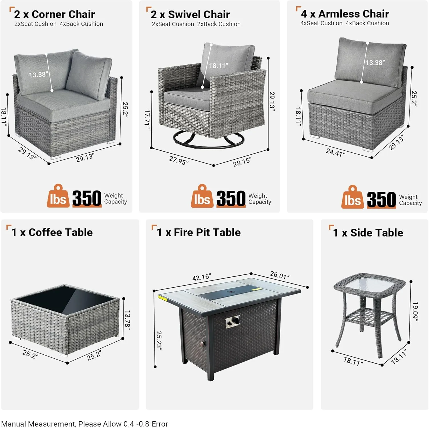 ovios 11 Piece Outdoor Patio Furniture Set with Fire Pit Table,Conversation Sectional Wicker Couch with Swivel Chairs,Modern Outside Sofa for Balcony Backyard (Dark Grey)