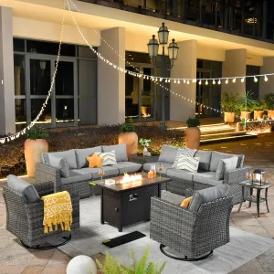 ovios 11 Piece Outdoor Patio Furniture Set with Fire Pit Table,Conversation Sectional Wicker Couch with Swivel Chairs,Modern Outside Sofa for Balcony Backyard (Dark Grey)