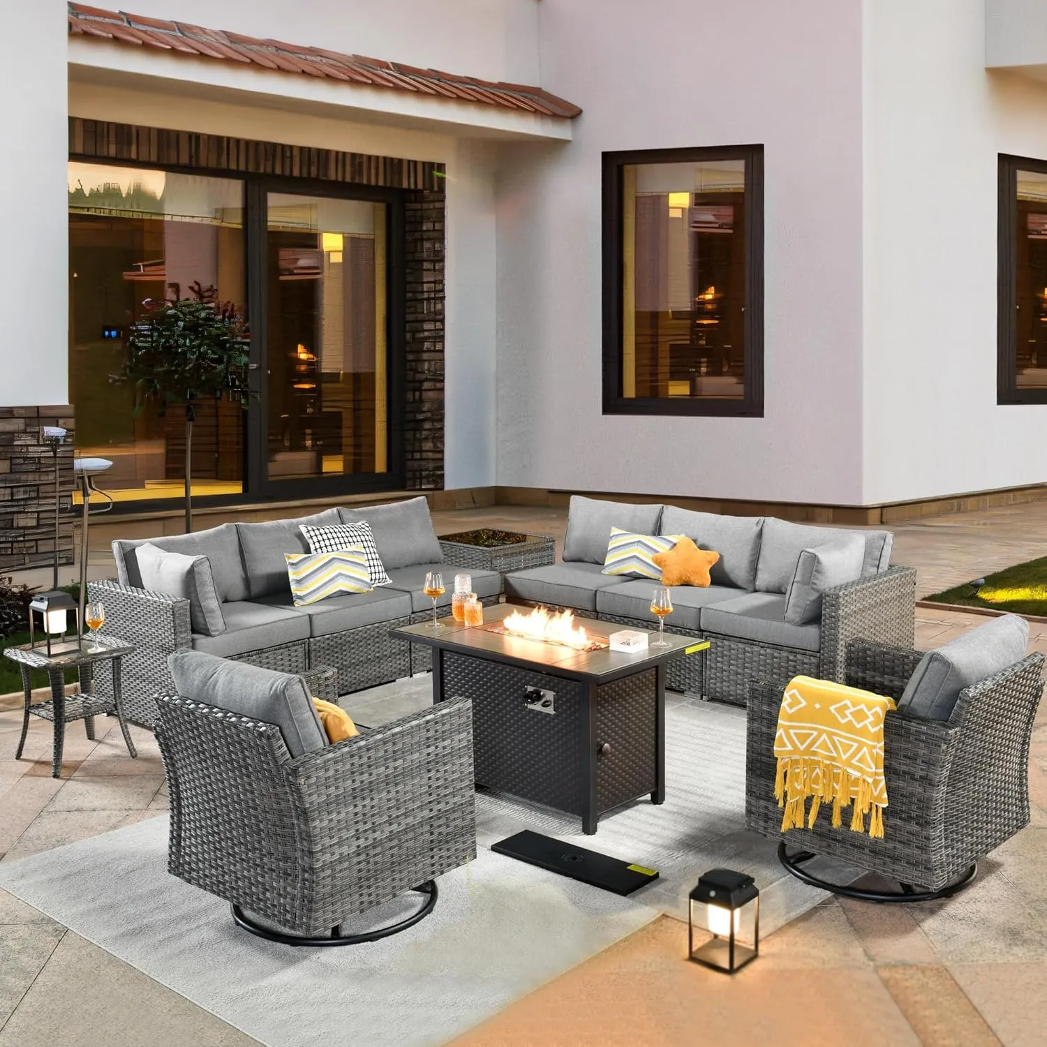 ovios 11 Piece Outdoor Patio Furniture Set with Fire Pit Table,Conversation Sectional Wicker Couch with Swivel Chairs,Modern Outside Sofa for Balcony Backyard (Dark Grey)