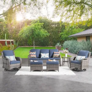ovios 6-Pieces Patio Furniture Set with Swivel Chairs, Outdoor Wicker Sofa Couch Gliders Rocker Comfy Cushions, Modern High Back Conversation Set, Grey Rattan, Denim Blue