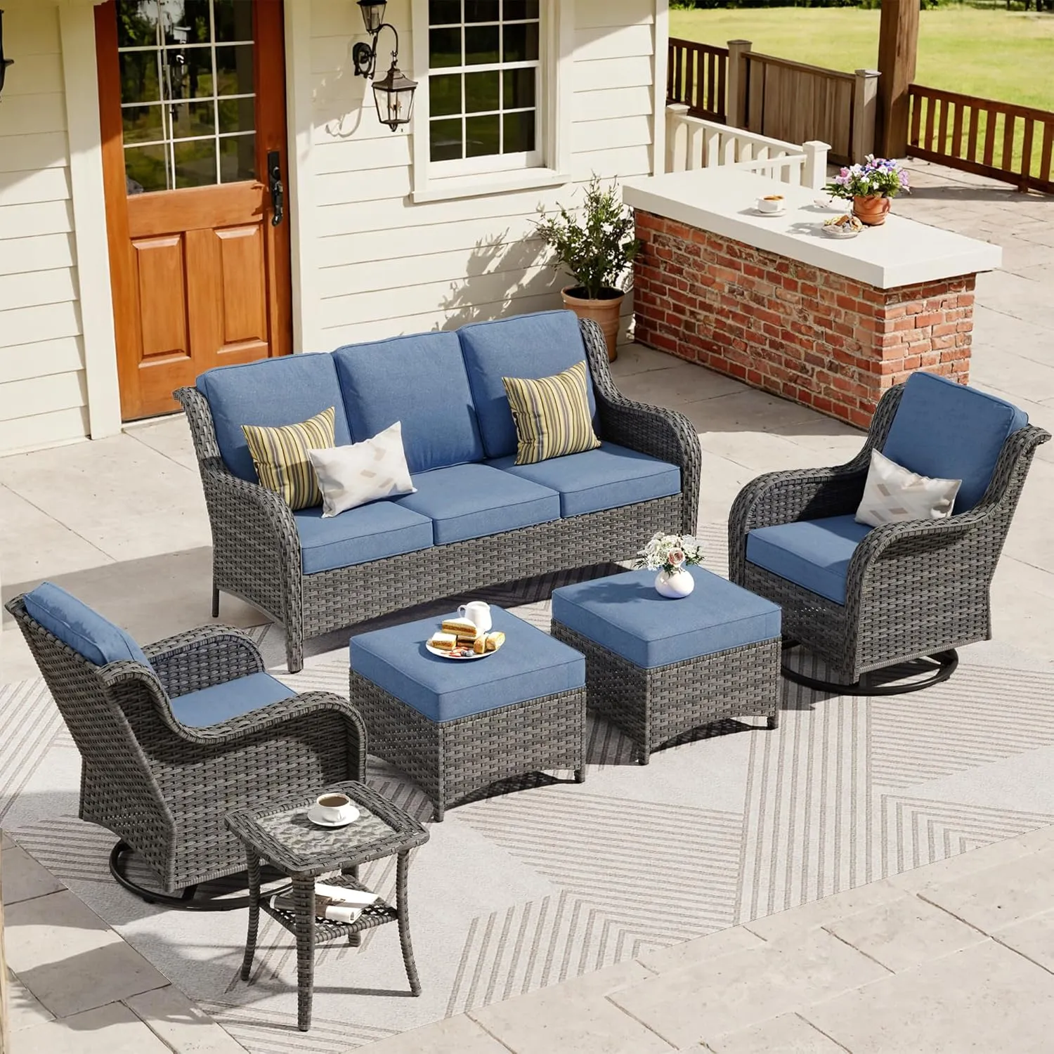 ovios 6-Pieces Patio Furniture Set with Swivel Chairs, Outdoor Wicker Sofa Couch Gliders Rocker Comfy Cushions, Modern High Back Conversation Set, Grey Rattan, Denim Blue