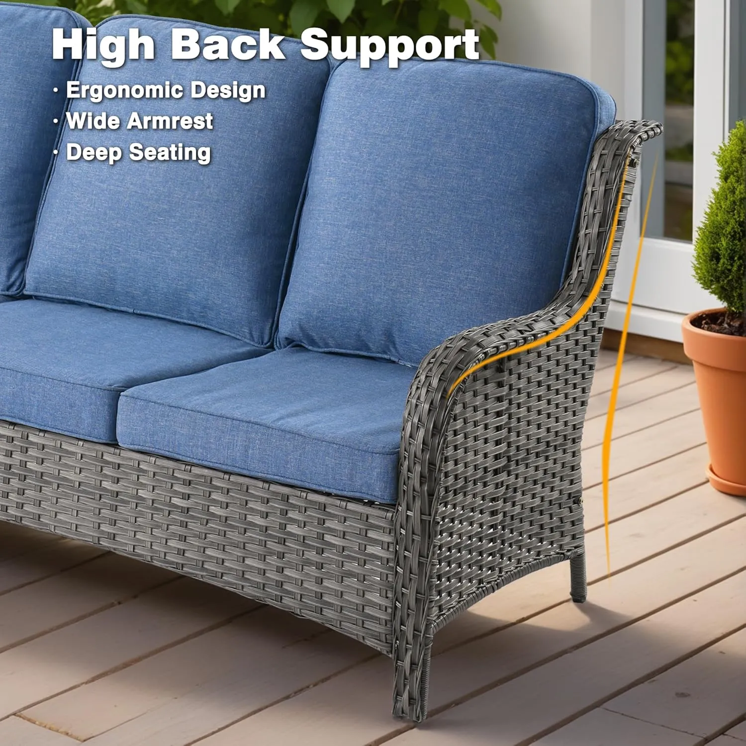 ovios 6-Pieces Patio Furniture Set with Swivel Chairs, Outdoor Wicker Sofa Couch Gliders Rocker Comfy Cushions, Modern High Back Conversation Set, Grey Rattan, Denim Blue