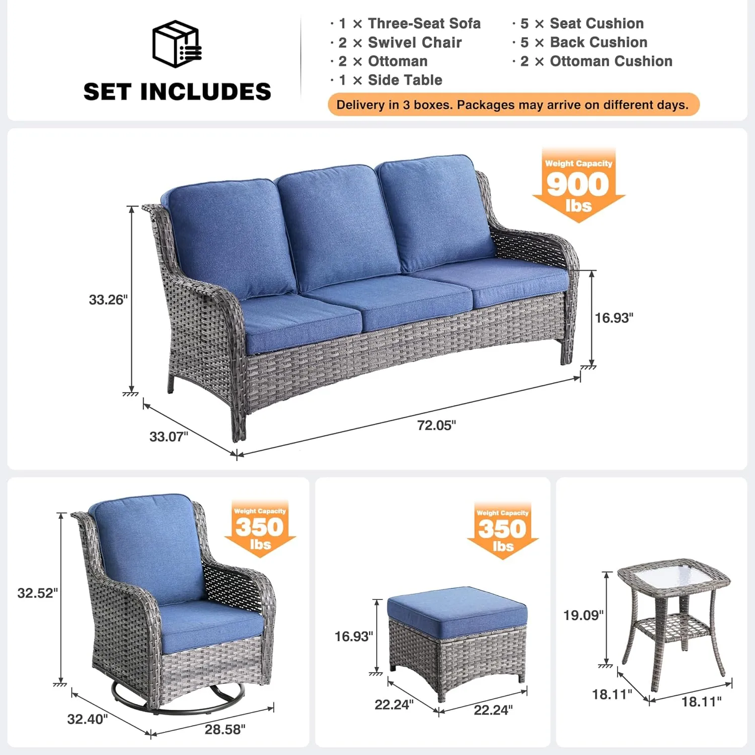 ovios 6-Pieces Patio Furniture Set with Swivel Chairs, Outdoor Wicker Sofa Couch Gliders Rocker Comfy Cushions, Modern High Back Conversation Set, Grey Rattan, Denim Blue
