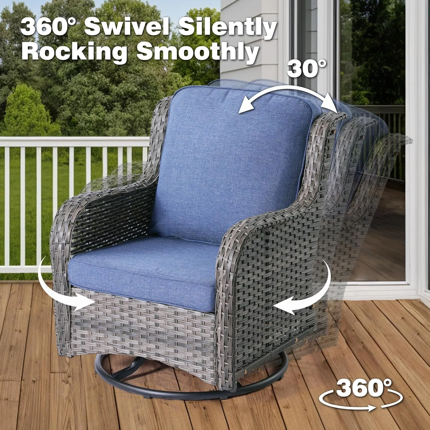 ovios 6-Pieces Patio Furniture Set with Swivel Chairs, Outdoor Wicker Sofa Couch Gliders Rocker Comfy Cushions, Modern High Back Conversation Set, Grey Rattan, Denim Blue