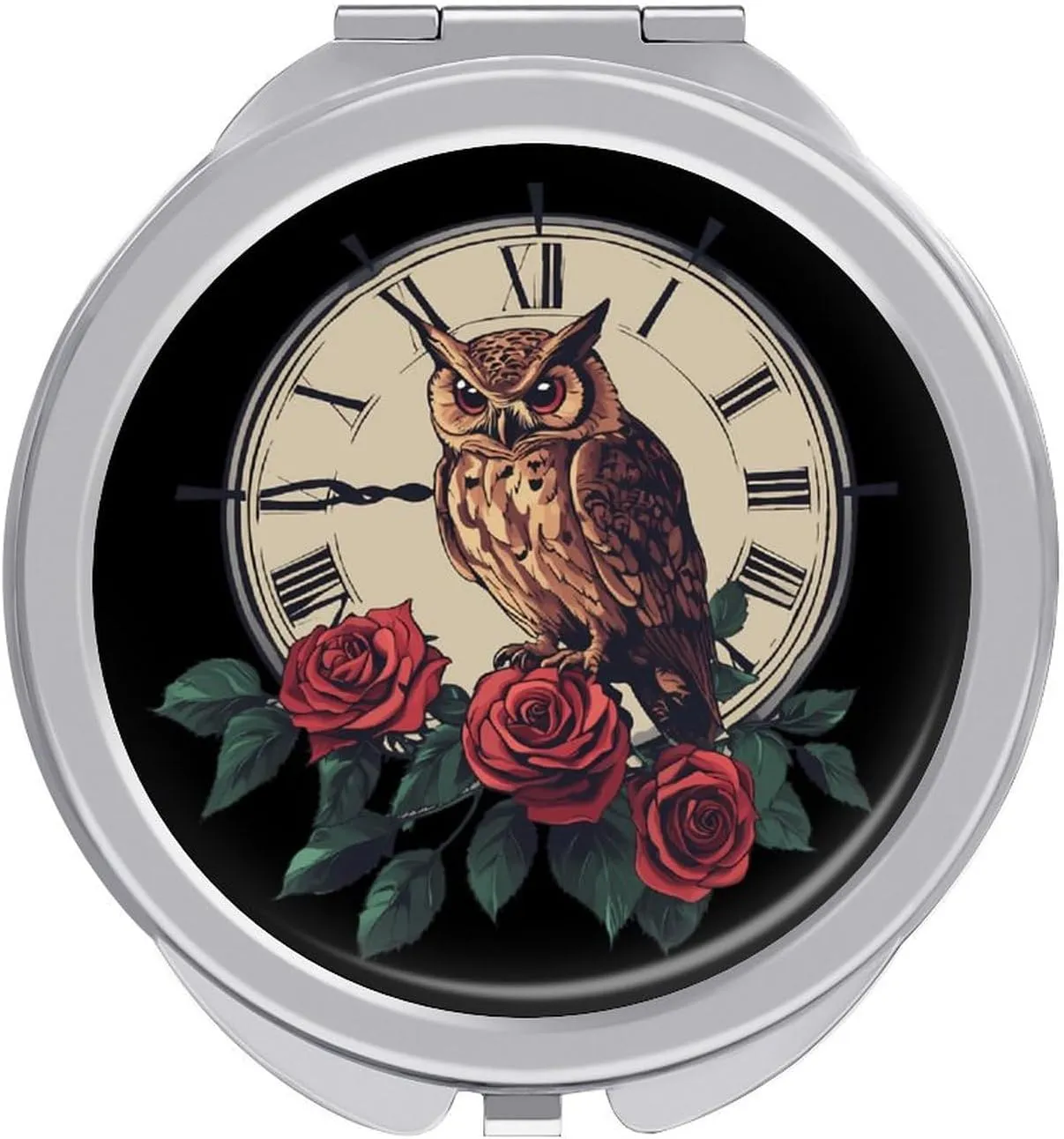 Owl Rose Flowers Clock Compact Makeup Mirror Mini Foldable Cosmetic Mirror Portable Travel Mirror for Purse Pocket