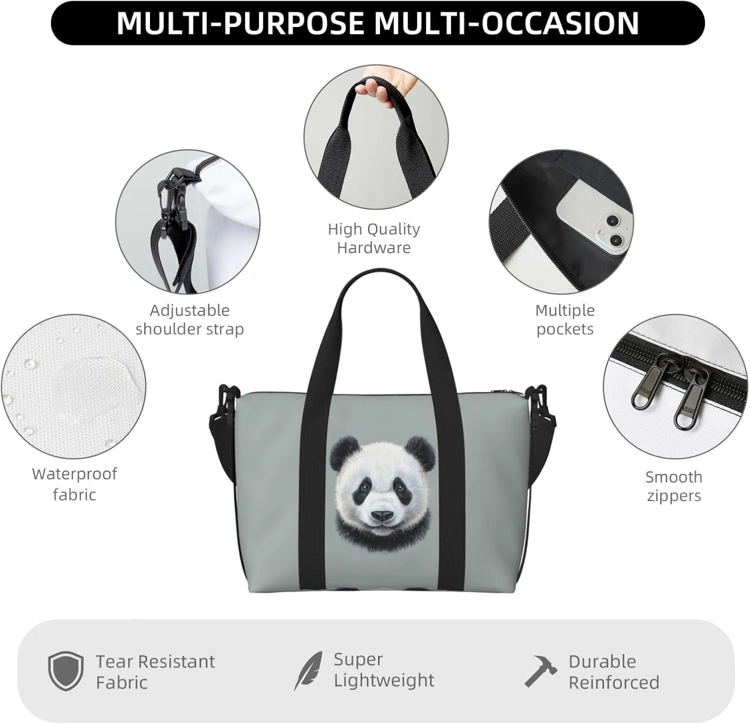 pandas head print Travel Duffel Bag, Sports Tote Gym Bag, Swim Pool Bag Large Shoulder Tote Bag for Beach Weekender