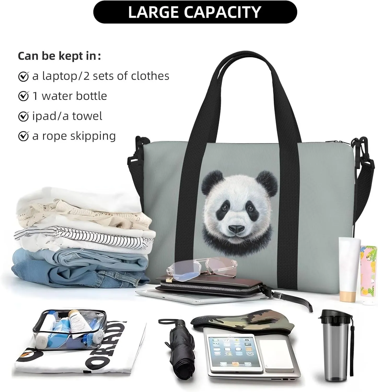pandas head print Travel Duffel Bag, Sports Tote Gym Bag, Swim Pool Bag Large Shoulder Tote Bag for Beach Weekender