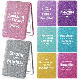 Panelee 8 Pcs Inspirational Compact Mirror Glitter Square Birthday Gifts for Women 1X/ 2X Double Sided Cosmetic Pocket Mirror Folding Pu Leather Small Mirror for Purse for Friend Female