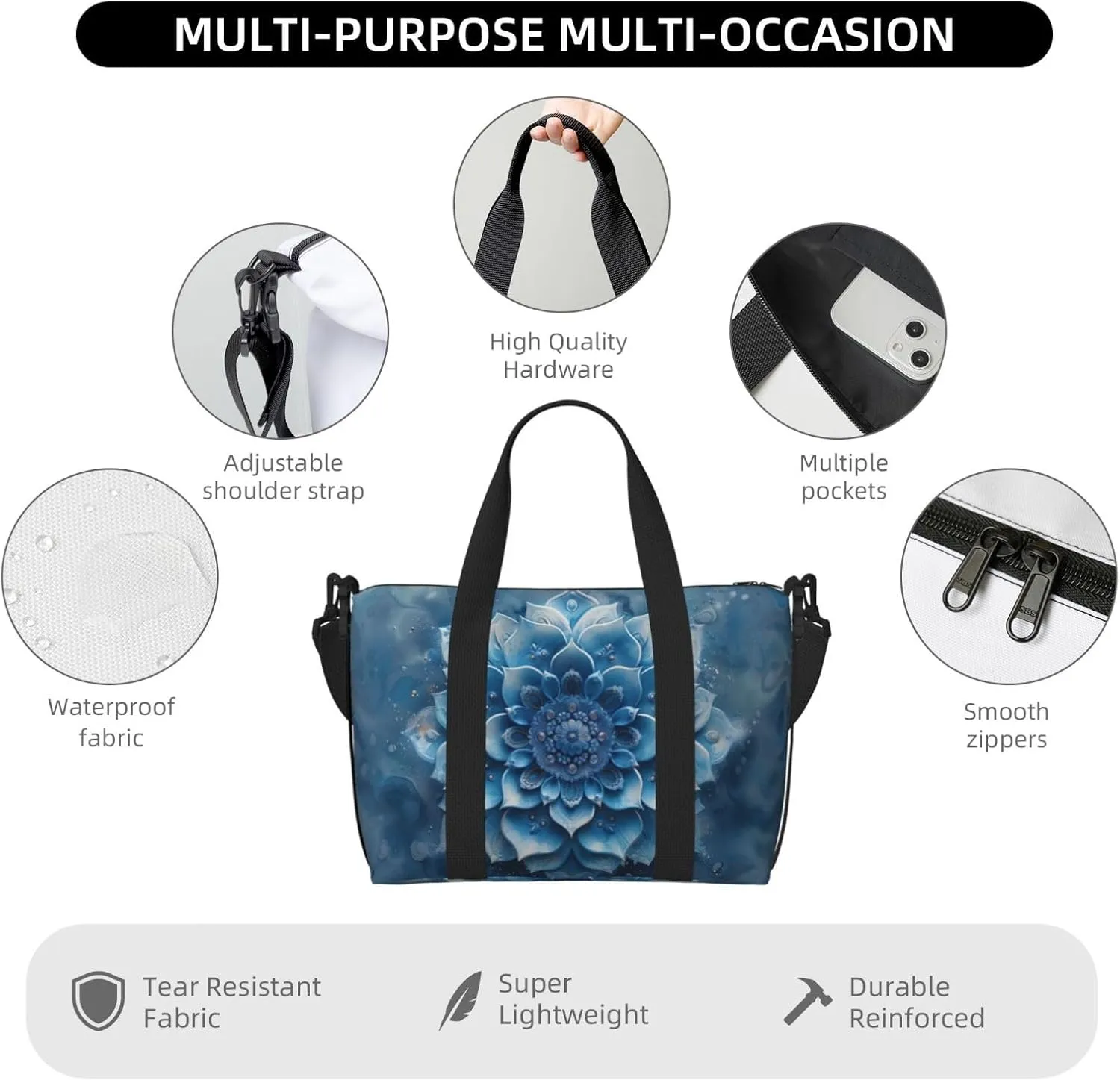pastel blue gradient print Travel Duffel Bag, Sports Tote Gym Bag, Swim Pool Bag Large Shoulder Tote Bag for Beach Weekender