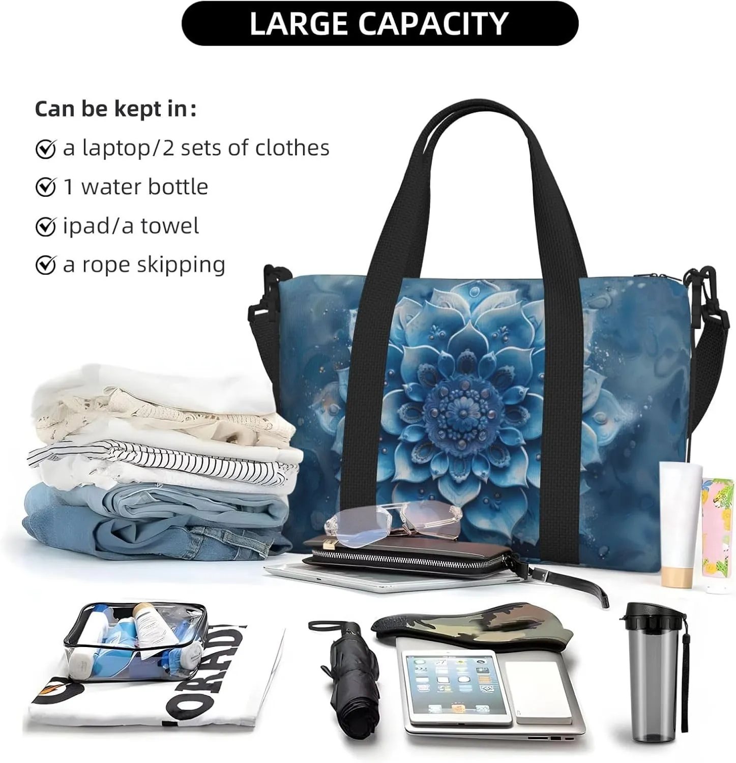 pastel blue gradient print Travel Duffel Bag, Sports Tote Gym Bag, Swim Pool Bag Large Shoulder Tote Bag for Beach Weekender