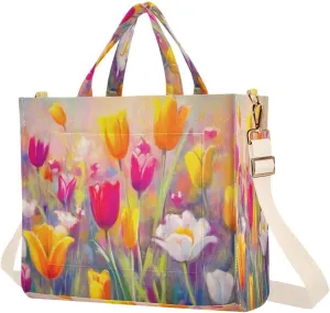 Pastel Tulips Wild Flowers Corduroy Tote Bag for Women Crossbody Bag Purse with Adjustable Detachable Strap and Pockets for Travel Shopping