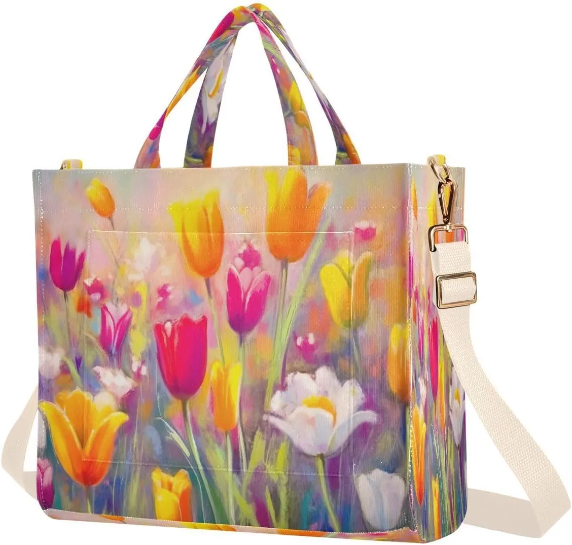Pastel Tulips Wild Flowers Corduroy Tote Bag for Women Crossbody Bag Purse with Adjustable Detachable Strap and Pockets for Travel Shopping