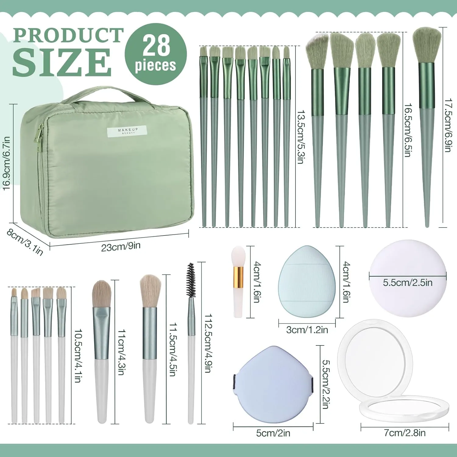 Paterr 28 Pcs Women Travel Makeup Set Makeup Bag with Makeup Brushes Premium Synthetic Brush and Mirror for Women Gift Travel Reusable Cosmetic(Sage Green)