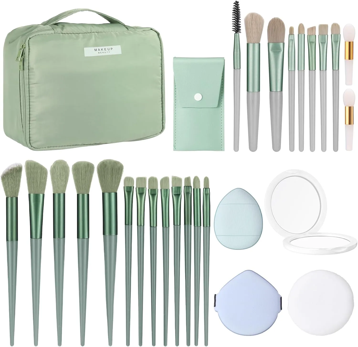 Paterr 28 Pcs Women Travel Makeup Set Makeup Bag with Makeup Brushes Premium Synthetic Brush and Mirror for Women Gift Travel Reusable Cosmetic(Sage Green)