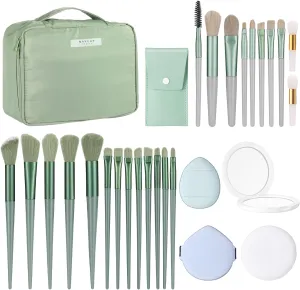 Paterr 28 Pcs Women Travel Makeup Set Makeup Bag with Makeup Brushes Premium Synthetic Brush and Mirror for Women Gift Travel Reusable Cosmetic(Sage Green)