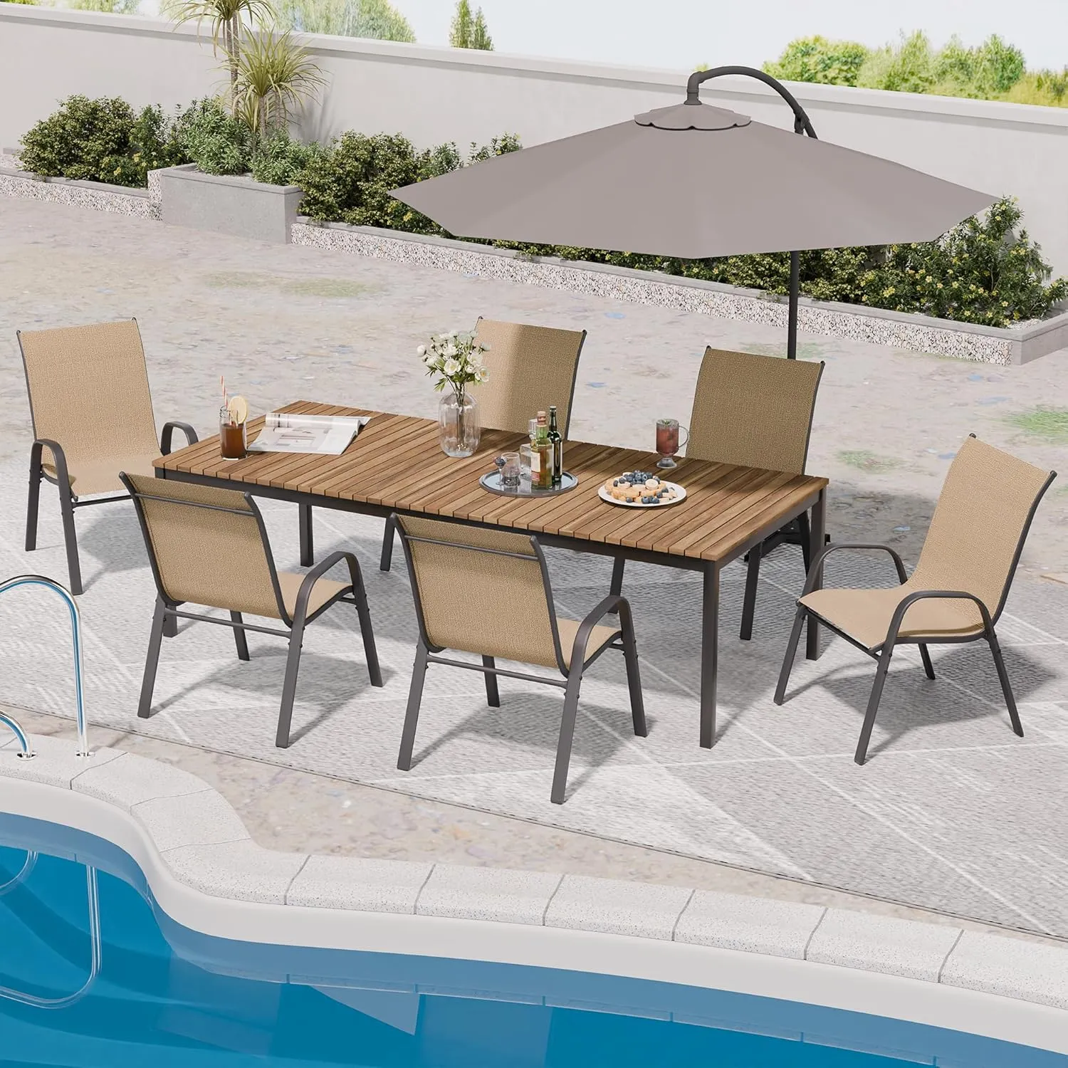Patio Chairs Set of 6, Outdoor Dining Chairs Stackable for All Weather, Breathable Metal Modern Outside Furniture Chair for Pool Side, Garden, Backyard Deck, Brown